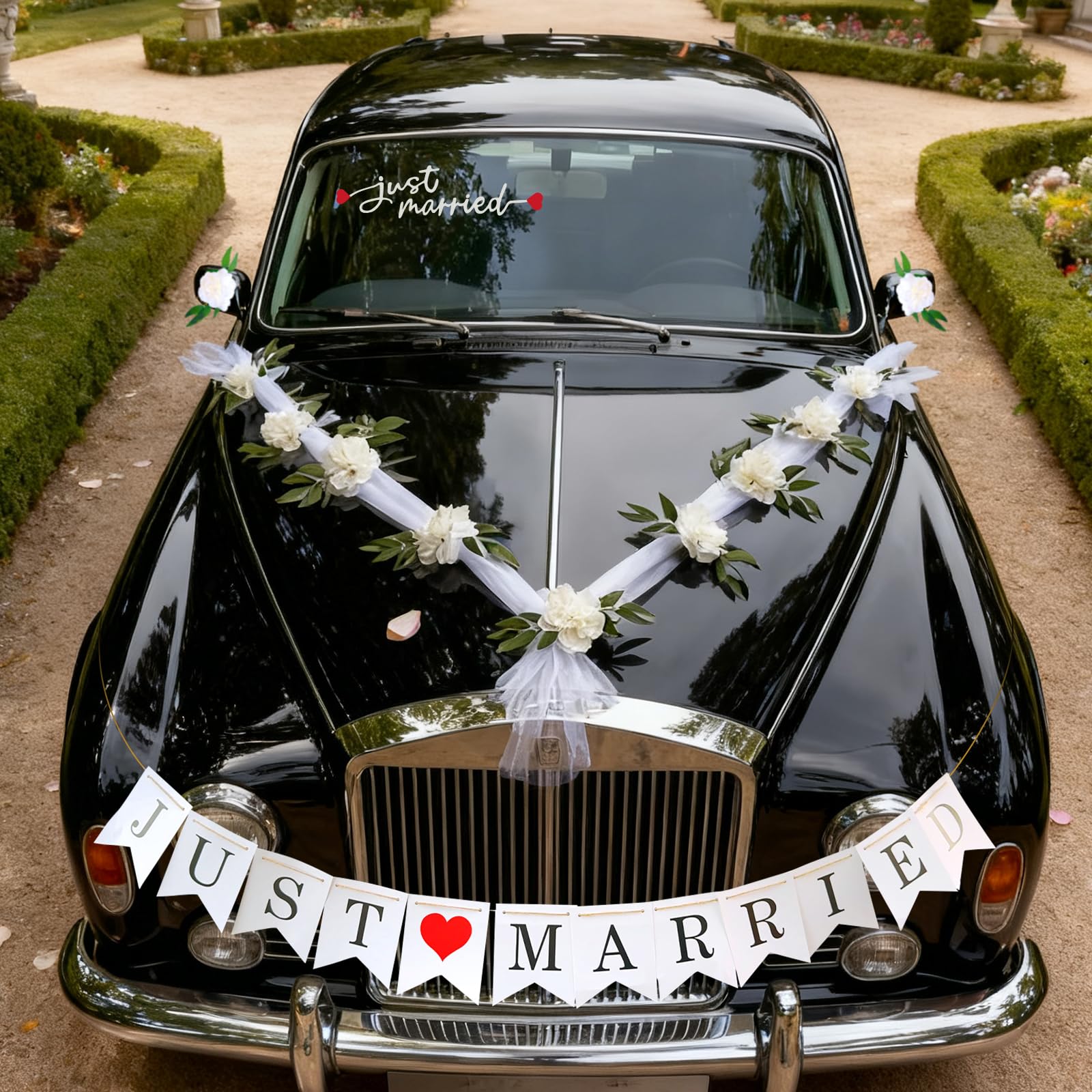 Photo 1 of 15 Pcs Luxury Wedding Car Decoration Kit – Artificial Peony Flower Bouquet with Tulle Ribbon Bows & Rearview Mirror Flowers, Just Married Sticker & Banner, Wedding Decor Kit for Ceremony & Party