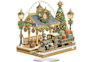 JJFox DIY Tabletop Diamond Art Painting Kit，9.45x9.17inch Special Shaped Rhinestone Desk Placement Ornament，Home Stand Up Gem Painting Craft Kit(Christmas Railway Station-1)