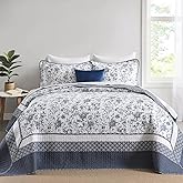 FineStichery Oversized King Bedspreads 128"x120", 100% Cotton Floral California King Quilt Extra Large Coverlet, Lightweight Farmhouse Quilted Bedding Set 3 Piece, Blue/White