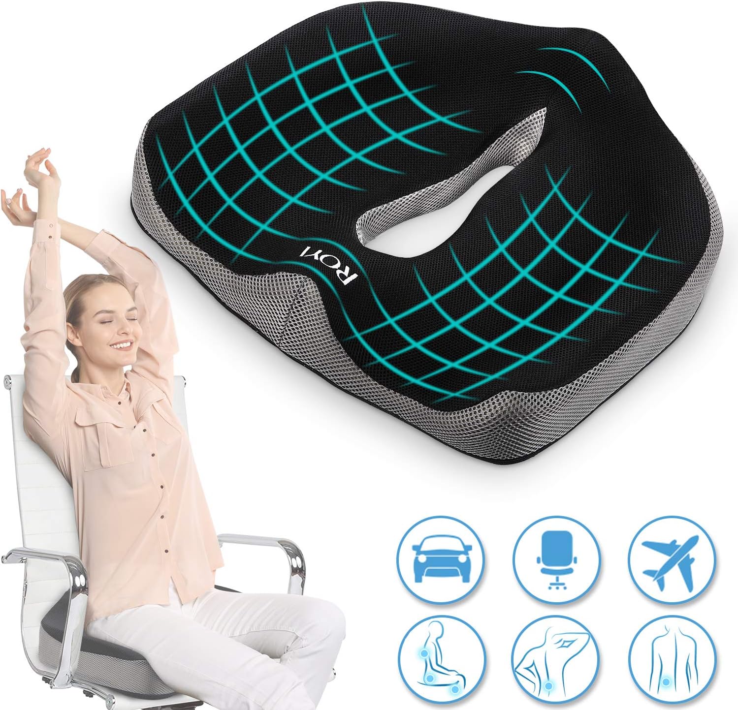 ROYI Memory Foam Seat/Chair Cushion for Relieves Back, Sciatica Pain，Tailbone Pain, Coccyx, Degenerating Disc, Orthopedic, Osteoarthritis, Sacrum, Prostate Cushion, Low Back Pain Cushion，Hip Shaping : Office Products