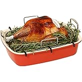 UUKRAVE Turkey Roasting Pan with Rack (U-Shaped), Large 17.3 x 14.6 Inch Nonstick Roaster Pan for 25 lb Turkey or Chicken, Deep Oven Tray, 0.8 mm Heavy Duty Steel, Stainless Steel Handle, Red