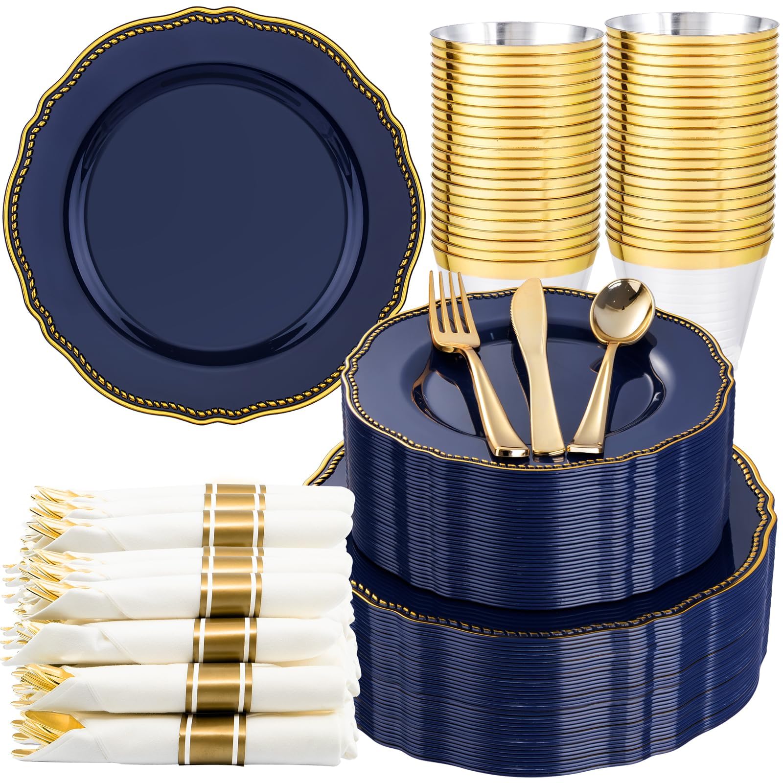 Photo 1 of Hioasis 350pcs Blue and gold Plastic Plates - Blue Plastic Dinnerware Set Includes 50 Dinner Plates, 50 Dessert Dinnerware, 50 Cups, 50 Rolled Napkin Cutlery Perfect for Wedding