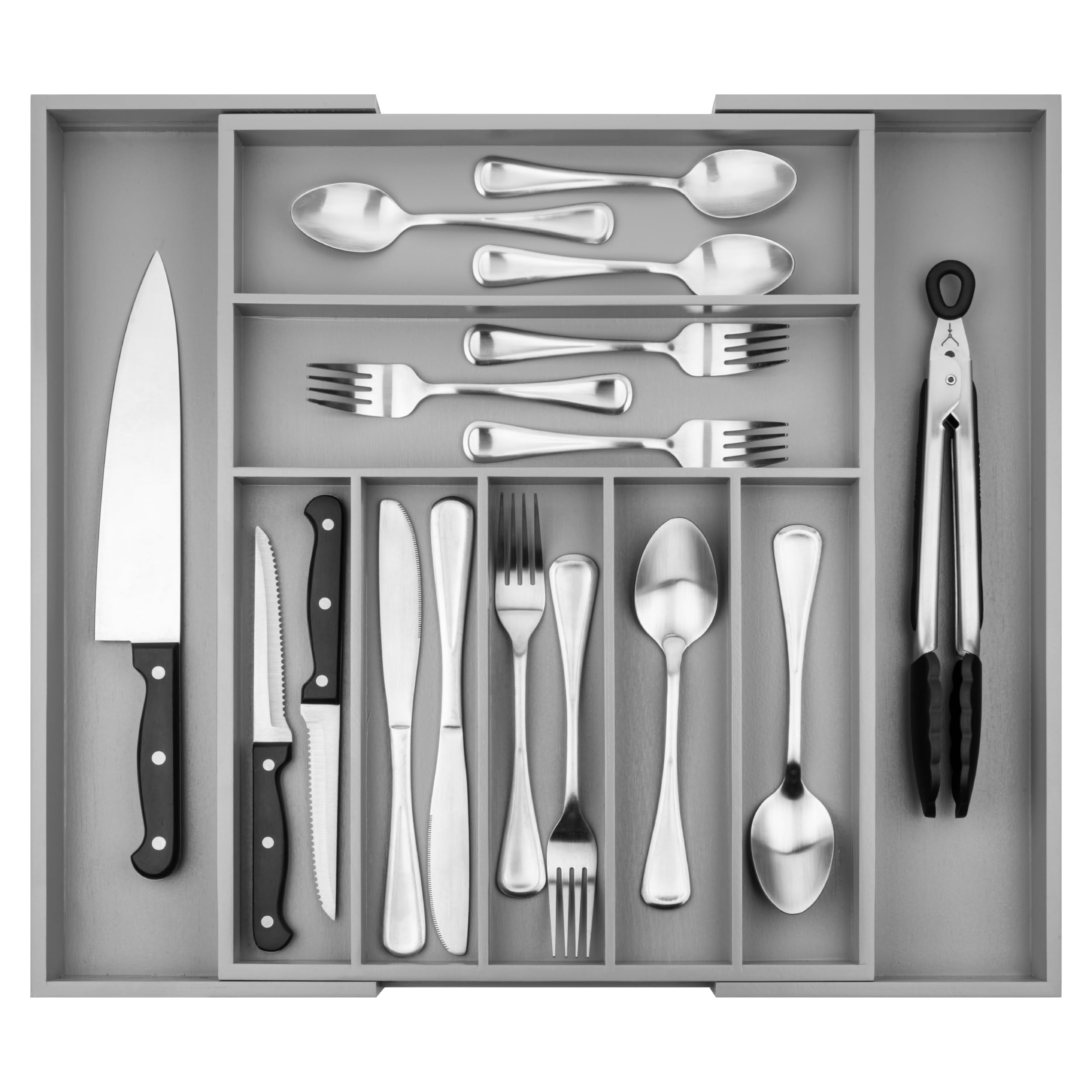 Purawood Bamboo Drawer Organizer - Expandable Silverware Organizer & Utensil Organizer, Cutlery Tray with Dividers, 7-9 Slots - Premium Kitchen Drawer Organizer for Utensils & Flatware (Grey) Image