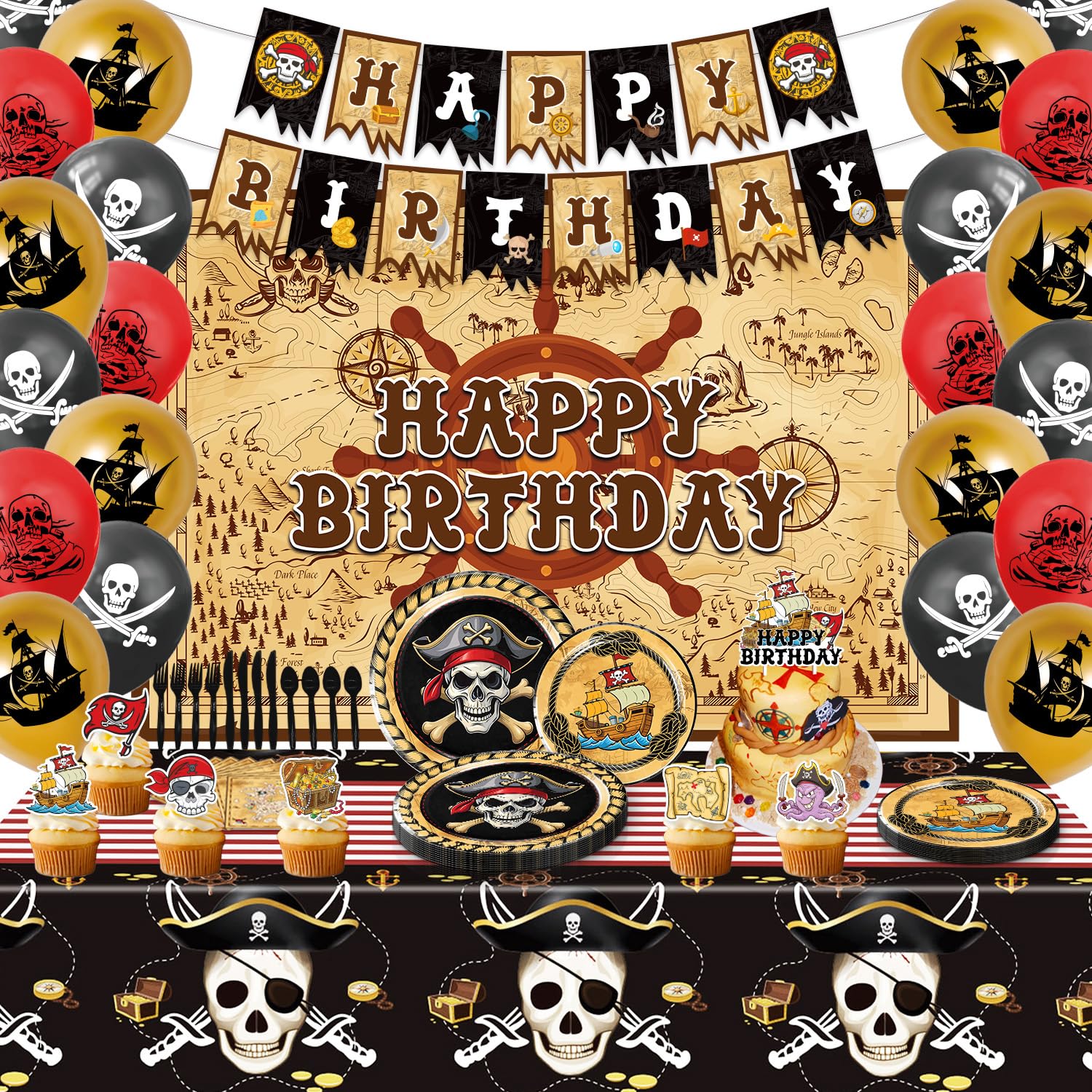 Photo 1 of Heidaman 120Pcs Pirate Party Decorations?Pirate Birthday Decorations,Pirate Themed Party Decorations,Set Include?Balloons,Backdrop,Banner, Cake Toppers?Plates And Napkins?Tableware, Tablecloth