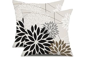 DFXSZ Black Brown Outdoor Pillow Covers 18x18 Inch Set of 2 White Gray Flower Throw Pillows Farmhouse Outdoor Modern Floral Linen Square Cushion Case Decor for Living Room Sofa Patio Funiture Garden