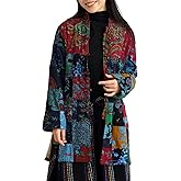 FioraMosaic Women's Boho Floral Patchwork Fleece-Lined Jacket, Warm Color-Blocked Plaid Winter Coat for Cold Weather