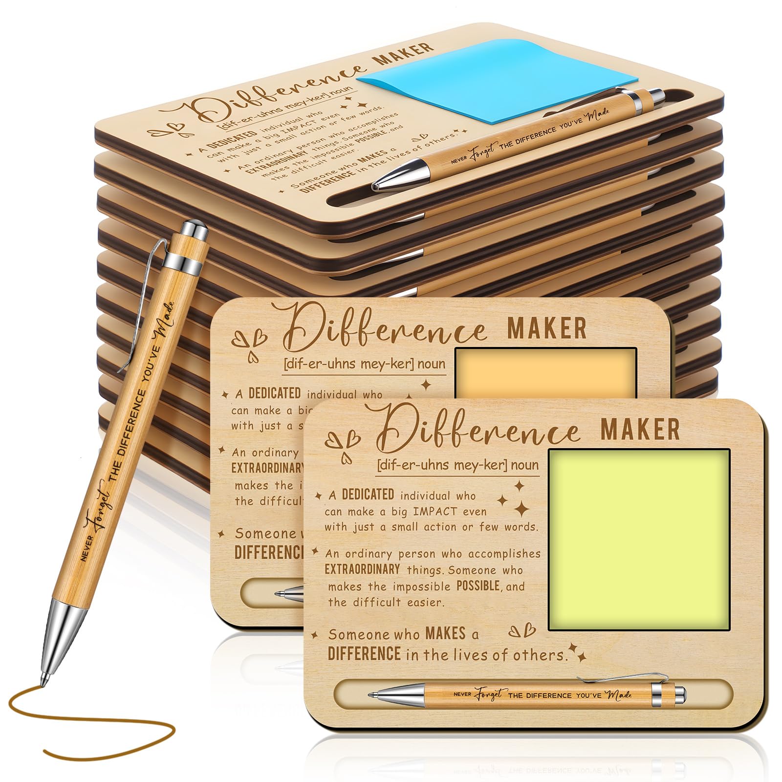 Photo 1 of Kosiz 10 Set Difference Maker Gift Employee Appreciation Gifts Bulk for Coworkers Wooden Sticky Note Holder with Notes and Ballpoint Pens Thank You Gifts for Team Staff Teachers Boss Nurse