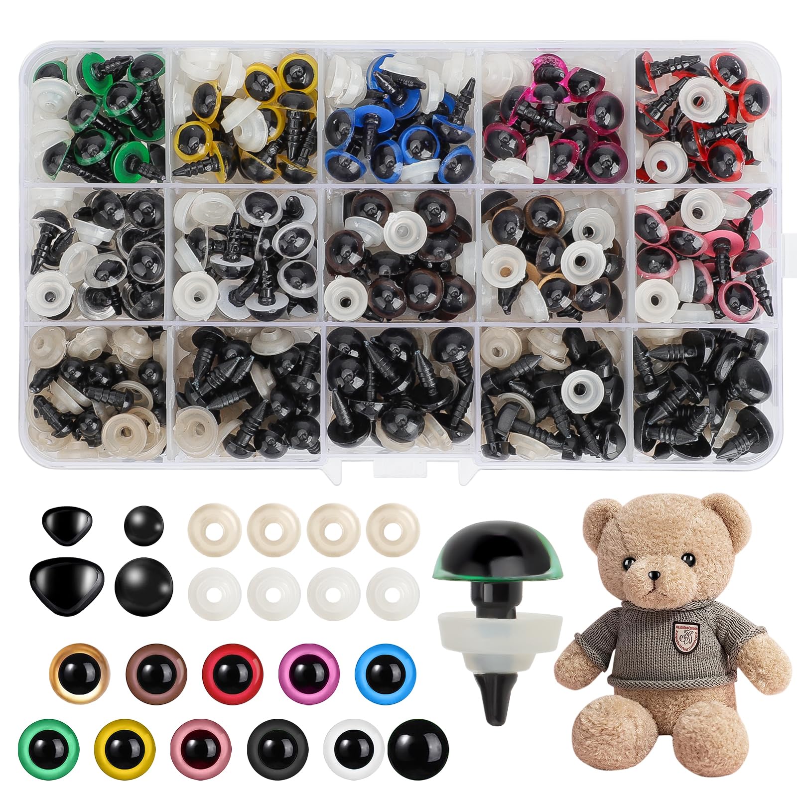 Realjoy Plastic Craft Doll Eyes & Noses, 500 pcs Including 215 Safety Eyes, 35 Safety Noses & 250 Backings for Crochet Toys (6mm/8mm/10mm)
