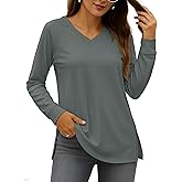 YUCOLEN Long Sleeve Shirts for Women Loose Fit V Neck Side Split Basic Casual Blouses Tunic Top to Wear with Legging