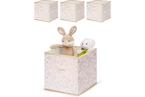 DAMAHOME Fabric Storage Cube Bins, 13x13x13 Inch Floral Cube Storage Bins, Collapsible Cubby Organizer with Dual Handles and Tags For Nursery/Home Office/Closet/Kids Room/4-Pack(Flower Gold)