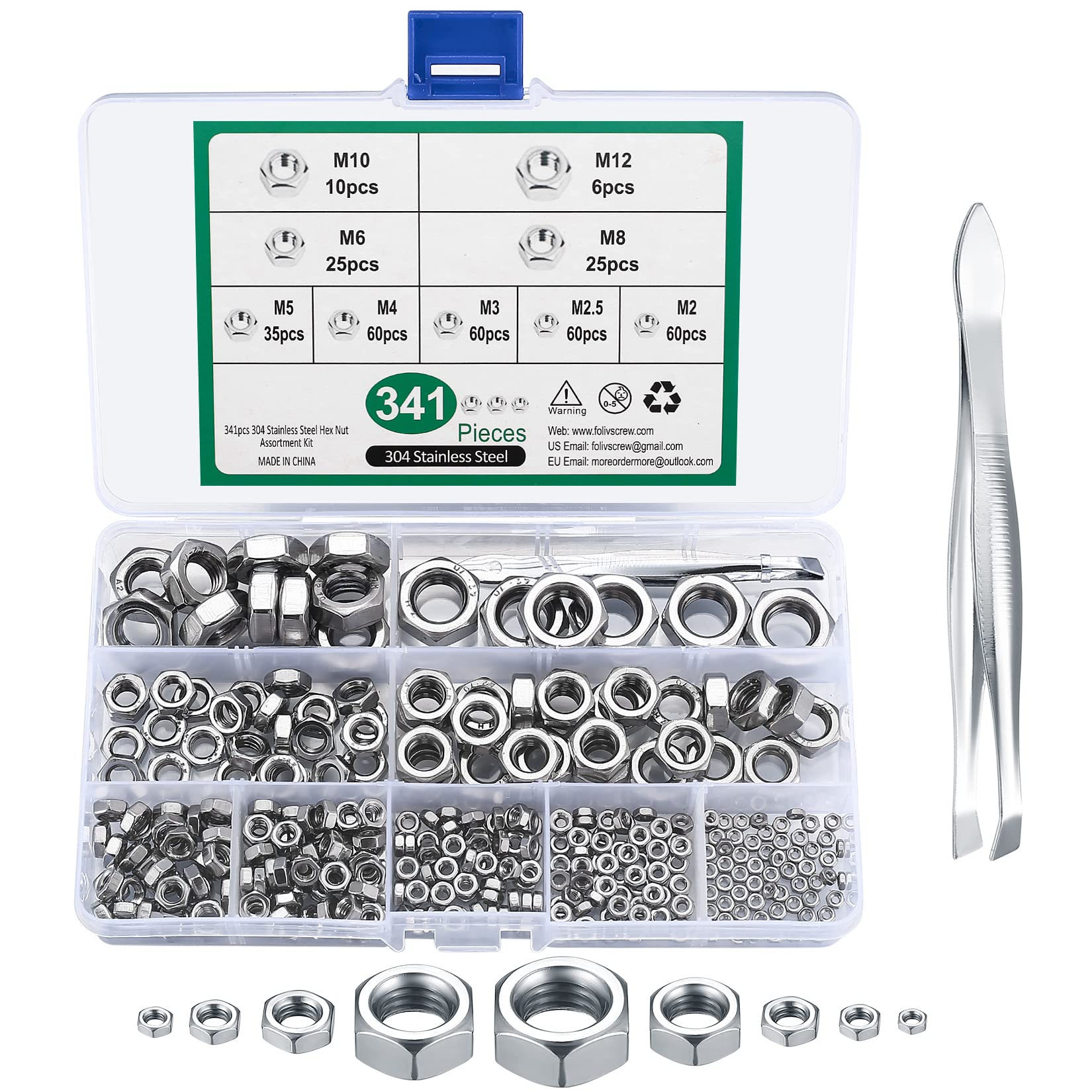 341 Pcs Hex Nut Assortment Set, Self-Locking Lock Nuts, Captive Nut, Stainless Steel Anti-Loose Locknuts, Screwnuts for M2/M2.5/M3/M4/M5/M6/M8/M10/M12