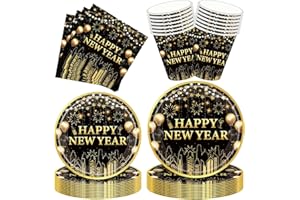 Bicuces 96 Pcs New Year Tableware New Year Party Decorations Happy New Years Plates and Napkins Cups 2026 NYE Disposable Dinn