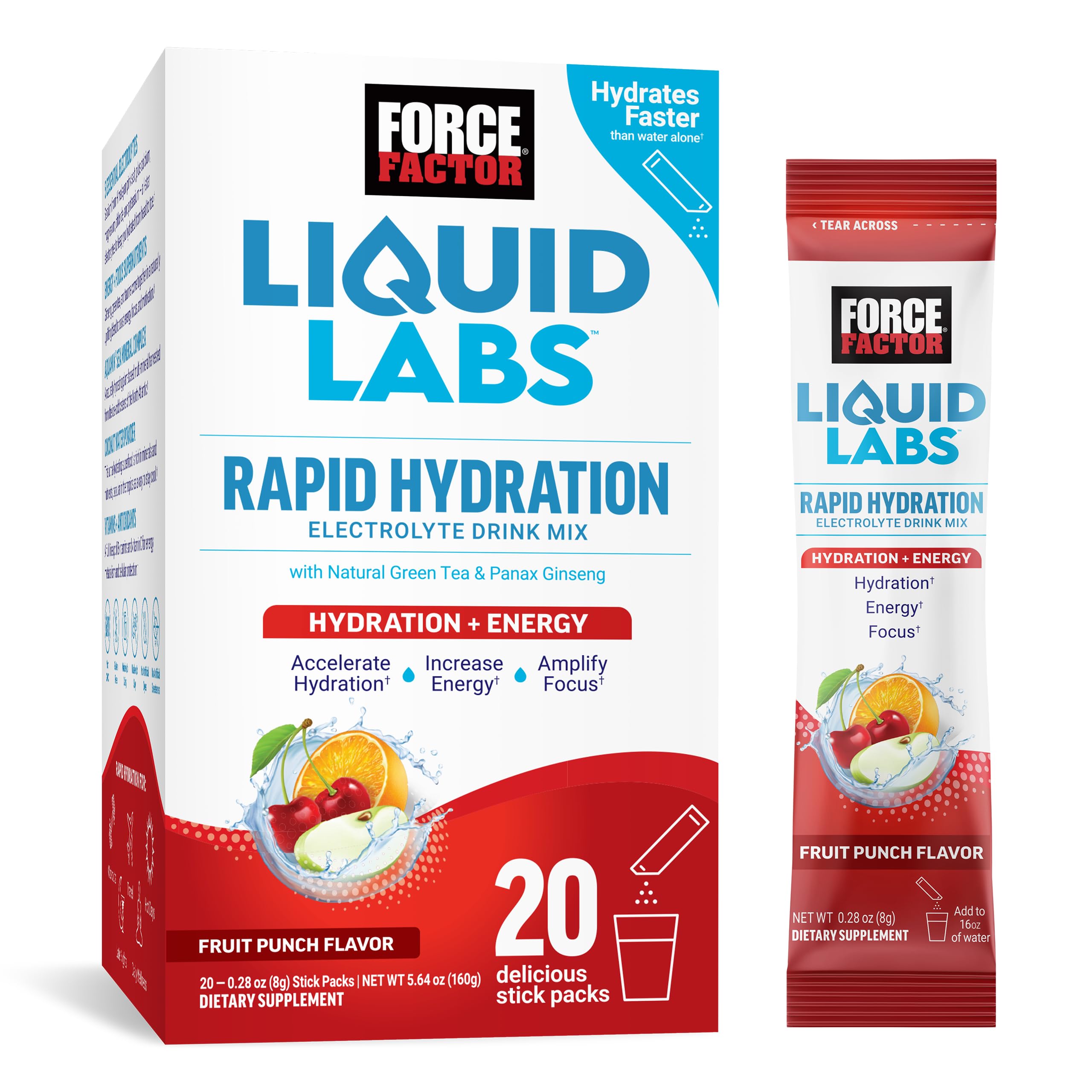 FORCE FACTOR Liquid Labs Energy Drink, Electrolytes Powder, Hydration Packets to Boost Energy & Focus, 5 Essential Electrolytes, Vitamins, Minerals, & Antioxidants, Fruit Punch Flavor, 20 Stick Packs