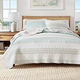 Great Bay Home Full/Queen 100% Cotton Quilt Set with Shams - Reversible Stripe Coastal Prints - Lightweight, Breathable, All-Season Bedding - 3-Piece Queen Bed Set, Flag Stripe/Kelp Breeze.