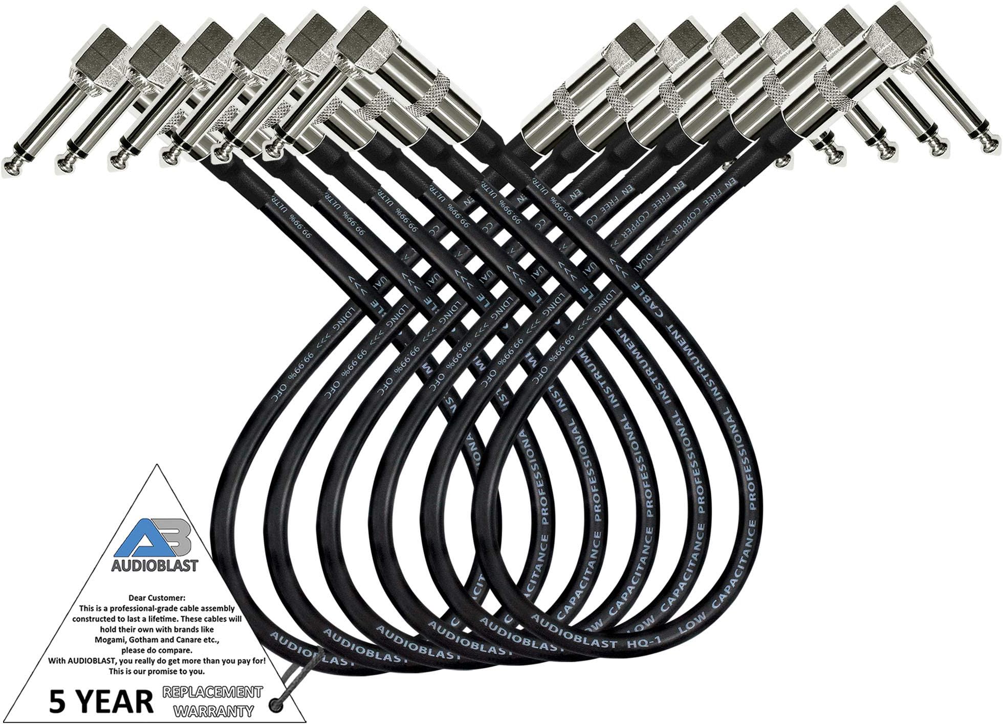 Audioblast - 6 Units - 2 Foot - HQ-1 - Ultra Flexible - Dual Shielded (100%) - Guitar Instrument Effects Pedal Patch Cable w/Eminence Right-Angled ¼ inch (6.35mm) TS Plugs & Double Staggered Boots
