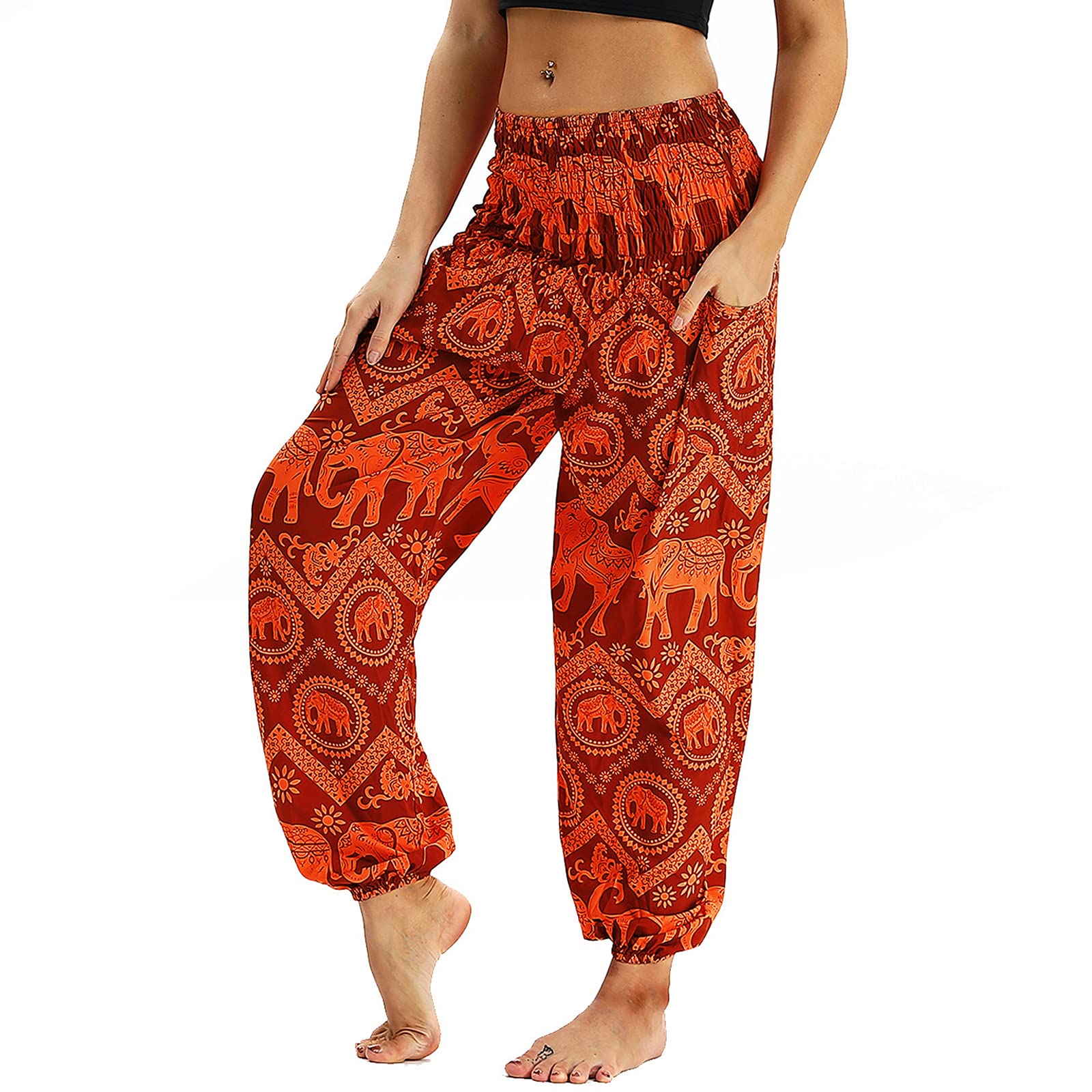 Nuofengkudu Women's Harem Pants Thai Hippie Baggy Bohemian Patterned High Waist Smocked Waist Thin with Pockets Lounge Trousers for Yoga Summer Beach Orange Elephant, One Size