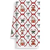 FISWAFY Red and Green Christmas Kitchen Towels, Holiday Winter Christmas Dish Tea Towels, Coquette Bow Xmas Tree Santa Decorative Hand Towel for Kitchen Bathroom Decor, 16x24 Inch