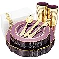 KIRE 210Pcs Purple Plastic Plates with Gold Rim& Silverware &Cups&Hand Napkin- Mardi Gras Plates - Baroque Clear Plastic Dinnerware for Upscale Wedding, Parties, Mothers Day, Easter