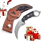 Lynxxe 7.5″ Handmade Damascus Hunting Knife with Leather Sheath - Ideal for Skinning, Camping, Outdoor - Full Tang Fixed Blade Knife with Black Wood Handle Bushcraft Knives 05(BLK)