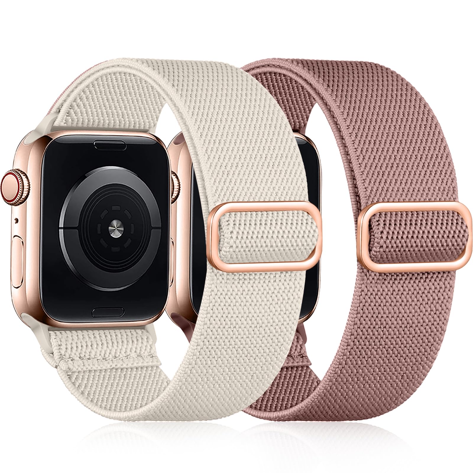 Easuny 2 Pack Elastic Strap Compatible with Apple Watch Strap 38mm 40mm 41mm 42mm, Adjustable Soft Nylon Band for iWatch Series 11 10 9 8 7 6 5 4 3 2 1 SE Ultra for Women Men, Nude Pink/Starlight