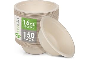 Ecovita 100% Compostable Paper Bowls [16 oz.] – 150 Disposable Bowls Eco Friendly Sturdy Tree Free Liquid and Heat Resistant Alternative to Plastic or Paper Bowls