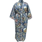 CRAFT KALA Women's Long Robes Kimono Robe with Colorful Crown Printed Pink Kimono Nightgown