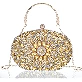 Rhinestone Evening Clutch Purse, Gold Sparkling Glitter Wrist Clutch Bag with Detachable Chain, Crystal Diamond Lady HandBag for Wedding, Party, Prom, Date Night