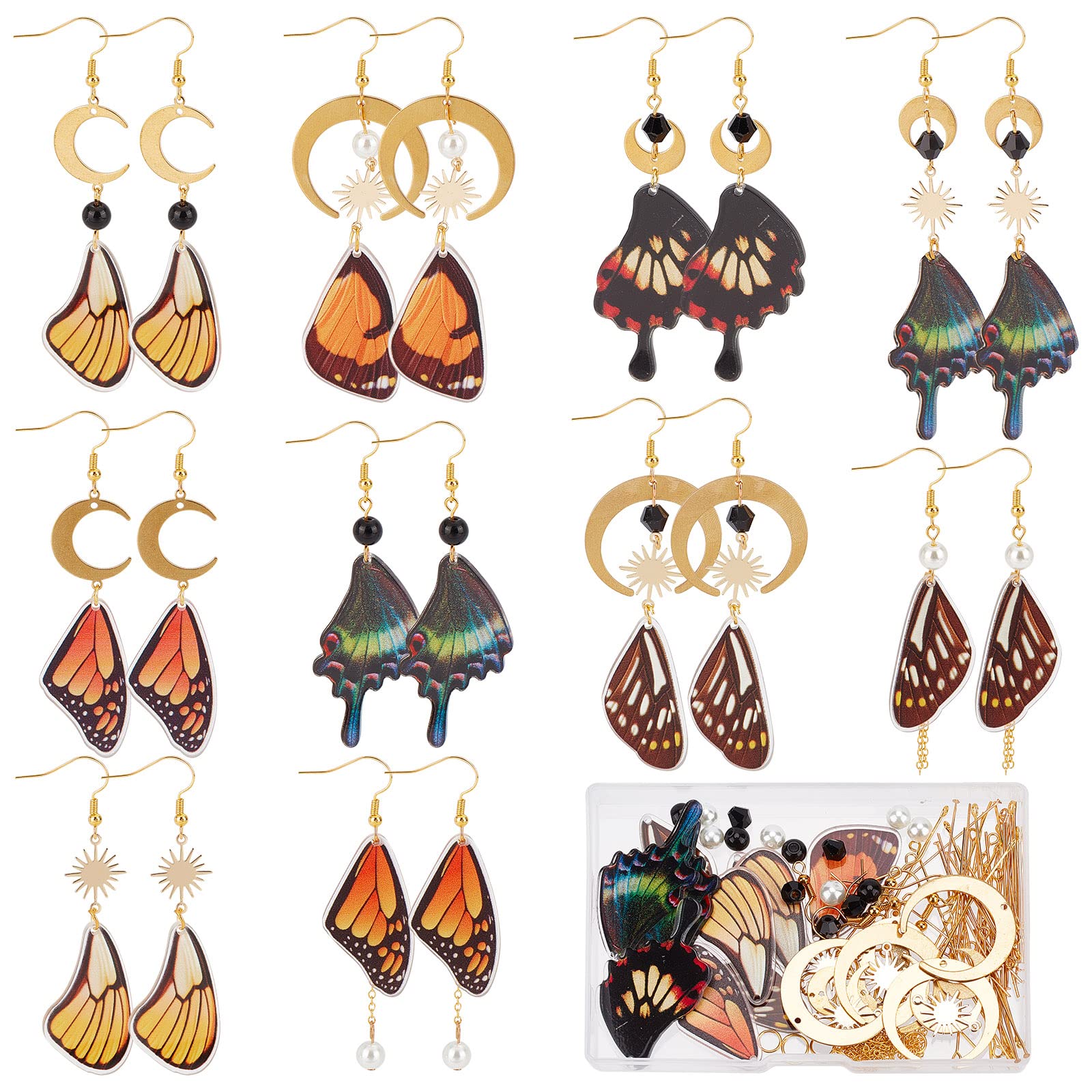 SUNNYCLUE 1 Box 10 Pairs Butterfly Earrings Dangle Making Starter Kit Spring Wing Charms Star Moon Acrylic Charm Glass Beads for Jewellery Making Kits Beginner Adult Women DIY Dangle Earrings Crafts