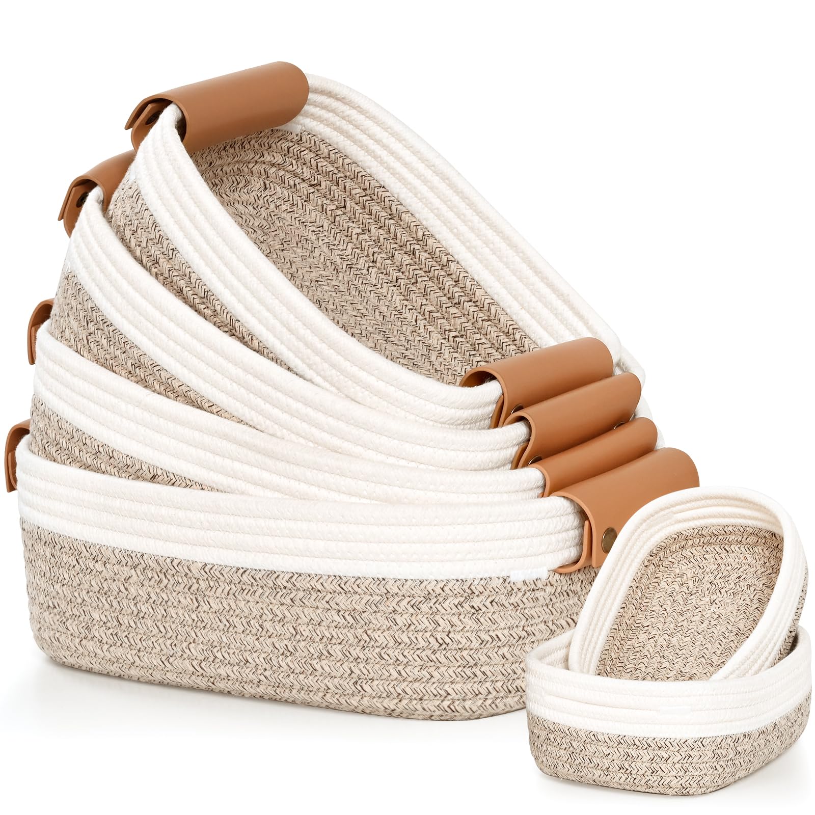 Photo 1 of Degeyoyo Storage Basket Set of 6-4 with Leather Handle & 2 Small Gift Baskets - Woven Storage Cotton Rope Basket for Organizing, Rectangle Bins for Shelves, Nursery, Dog Toy, Bathroom