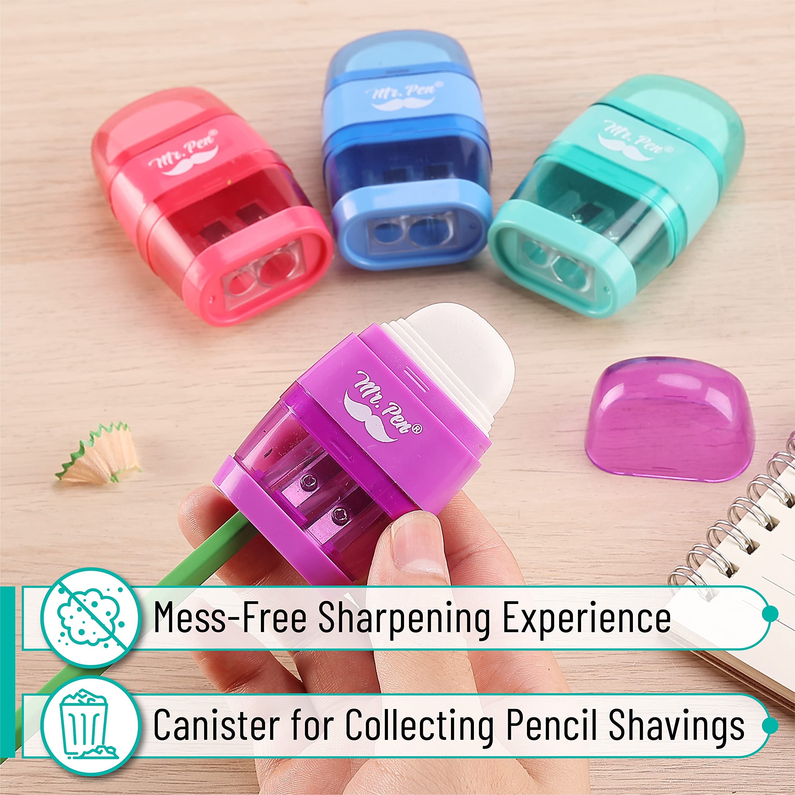 Mr. Pen- Pencil Sharpener & Eraser, 4 Pack, Colorful, 2 Sharpening Holes, Manual Handheld Small Pencil Sharpener