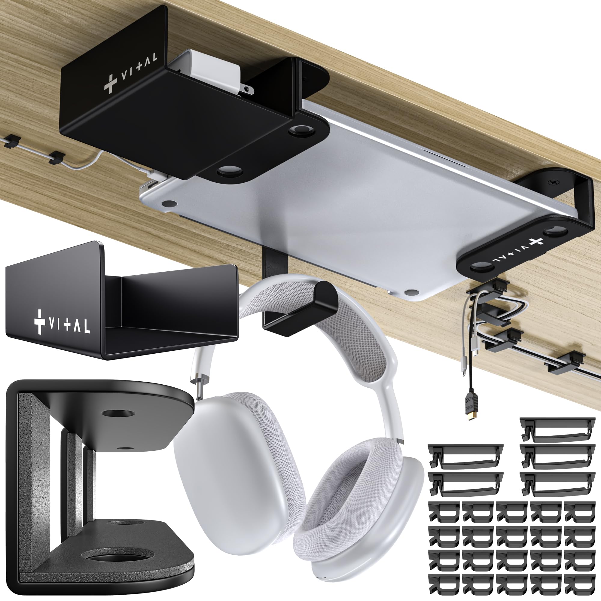 Photo 1 of VI+AL Under Desk Laptop Mount Bundle – Hidden Metal Shelf with Side Storage, Hook & Cable Organizer – Installs with Mounting Tape & Screws – Fits Devices up to 1.7" Thick for Home, Office & Desks
