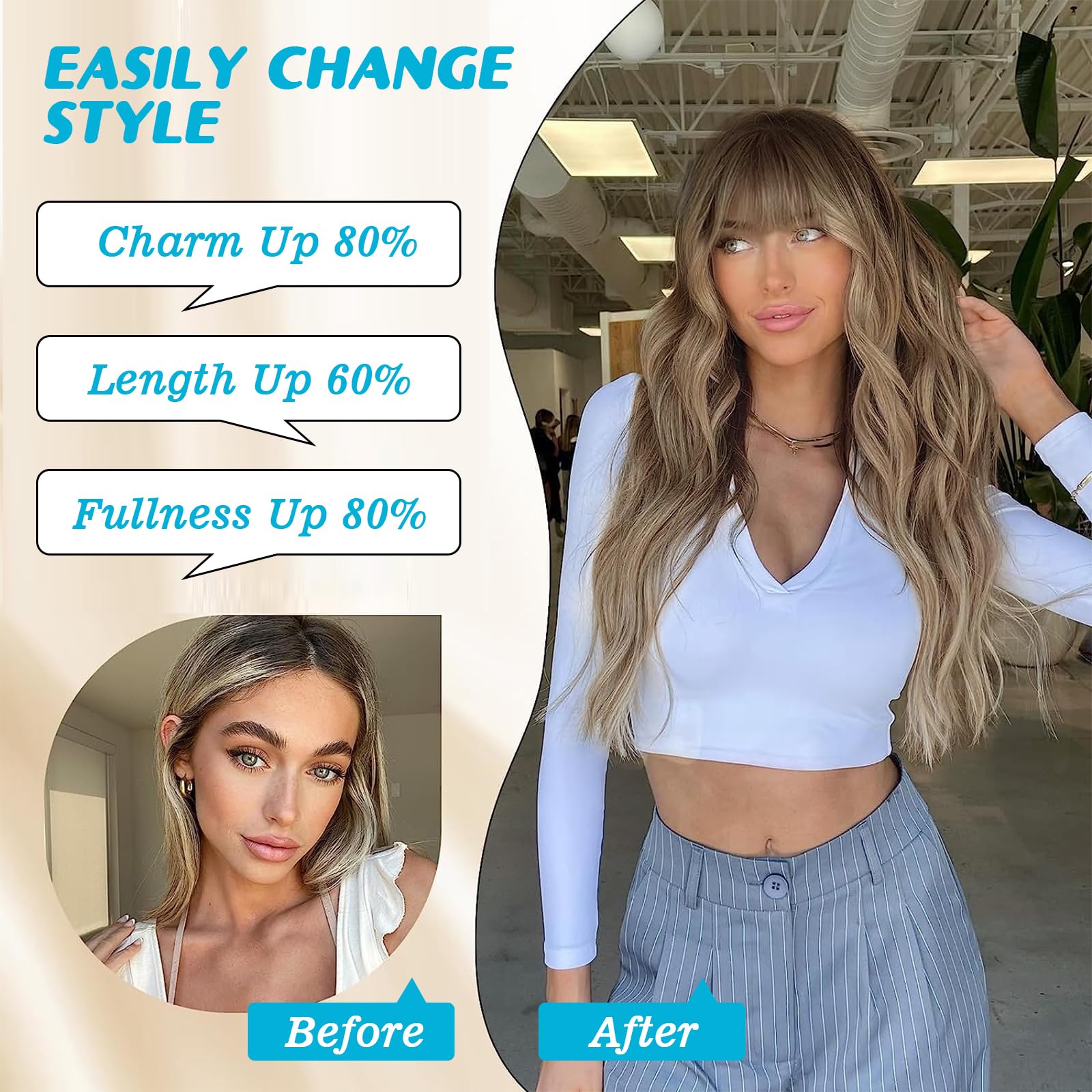 POPTAIYU Dirty Blonde Wig with Bangs Long Blonde Wavy Wigs for Women Synthetic Curly Wavy Wigs with Dark Root Heat Resistant Wig for Daily Party Use 26 Inches (Dirty Blonde)