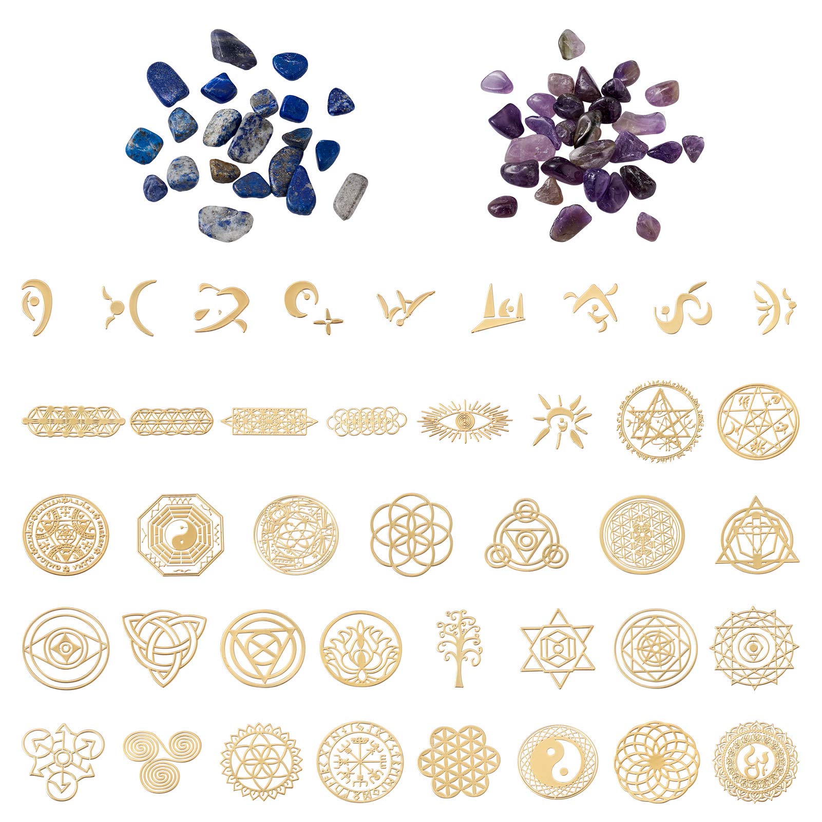 Beadthoven 40pcs Copper Orgonite Sticker Sacred Geometry Energy Tower Material Flower of Life Chakra Stickers with 30g Gemstone Chip Beads for Epoxy Resin Art Crafts