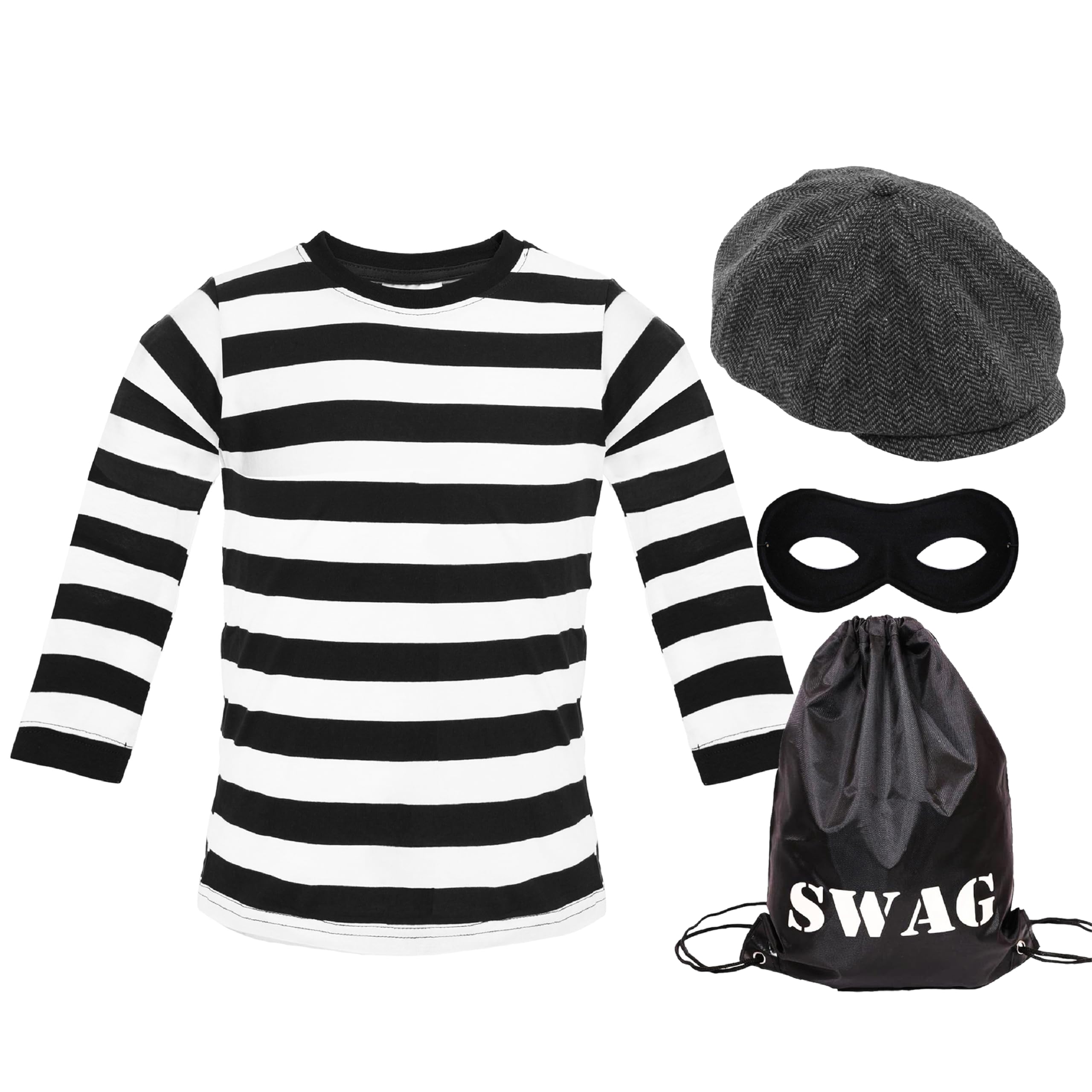 Adults Burglar Costume - Medium - Black & White Striped T-Shirt + Flat Cap + Eyemask + "Swag" Bag - Perfect For School Book Week And World Book Day For Children Men And Women With Burglar Swag Bag