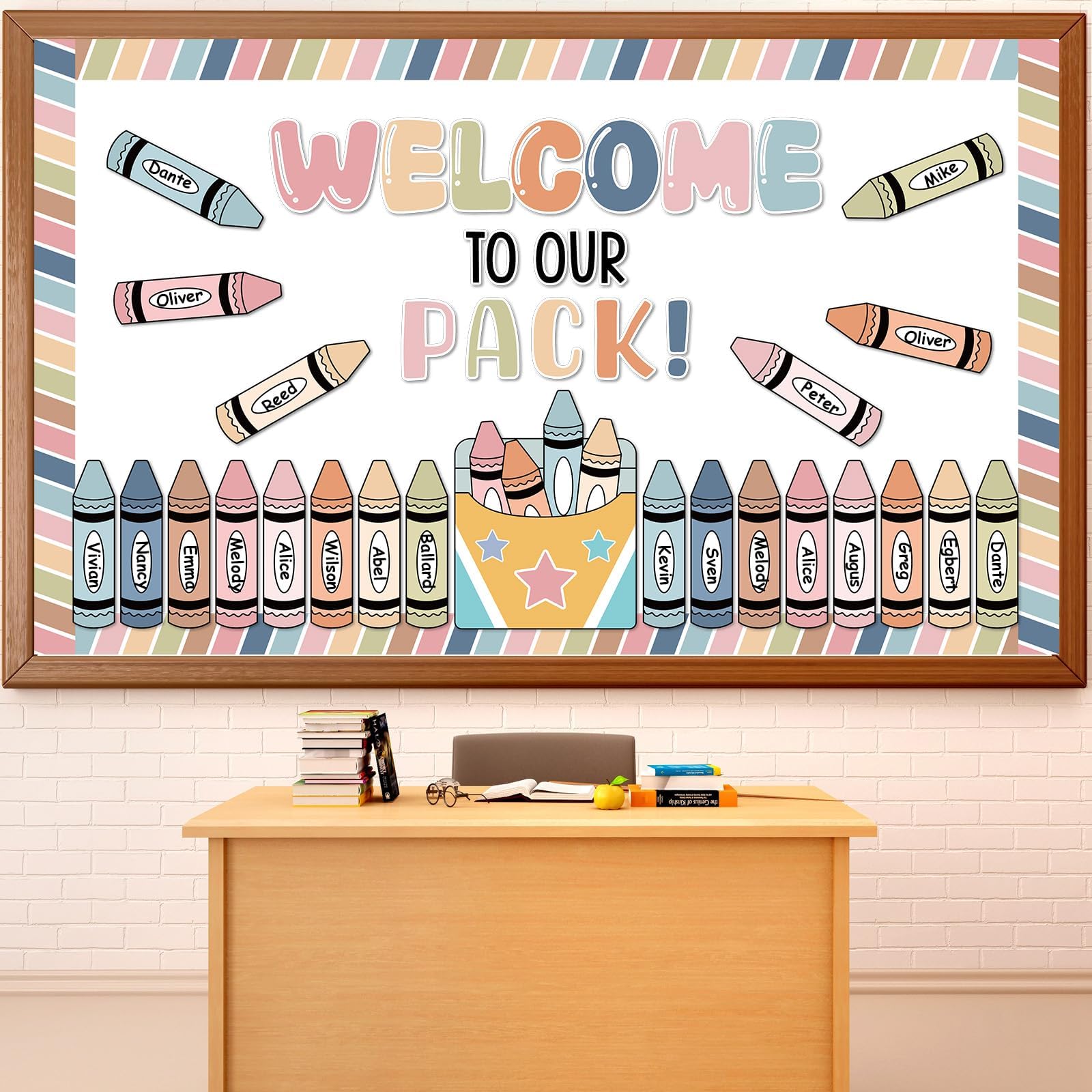 Photo 1 of Boho Welcome to Our Pack Bulletin Board Set Crayons Back to School Classroom Decorations Colorful Crayon Theme Name Tags Crayon Box Star Cutouts for Classroom Teachers Chalkboard Home Wall Door Decor