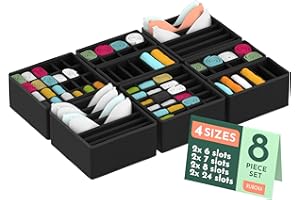 RUBOXA Dresser Organizer, [8 Pk] Black Fabric Dresser Drawer Organizers (4 Sizes With 90 Slots) Foldable Underwear Drawer Organizer Breathable Bins for Bra, Lingerie, Socks, Scarves, Belt, Tie, Baby Clothes.