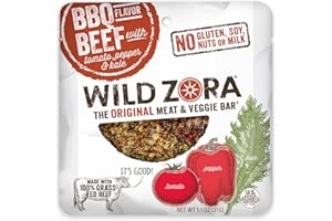 Wild Zora Meat & Veggie Bars, BBQ Beef, 10-Pack, 100% Grass Fed Beef, Healthy Jerky Paleo Snacks with Veggies, Gluten Free, Soy Free, High Protein, No Added Sweetener, Beef Jerky Snack Packs