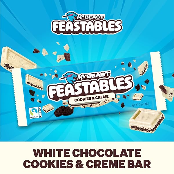 MRBEAST FEASTABLES COOKIES & CREME CHOCOLATE BAR, KING SIZE, 10 COUNT, WHITE CHOCOLATE WITH COOKIE PIECES, FAIRTRADE COCOA, 2.1OZ EACH