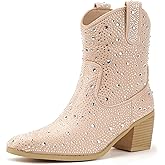 IDIFU IN2 Womens Booties Cowgirl Cowboy Rhinestone Ankle Boots for Women Low Short Block Heel Pointed Toe Slip On Fall Booties Ladies Western Sparkly Glitter Disco Wedding Fashion Dressy Boots