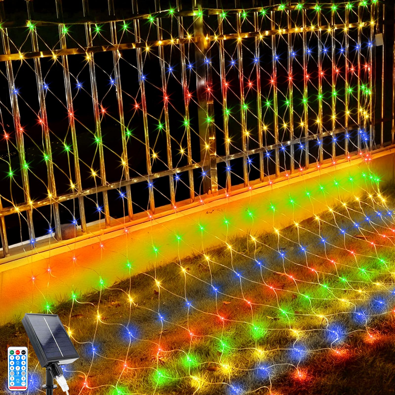 GHONLZIN LED Solar Net Light, 1.5Mx1.5M Mesh Fairy String Lights, 96 LEDs 8 Modes Weatherproof Outdoor Net Lights Wrap Christmas Tree with Remote for Garden Balcony Fence Backyard Decor (1.5-1.5M-CL)