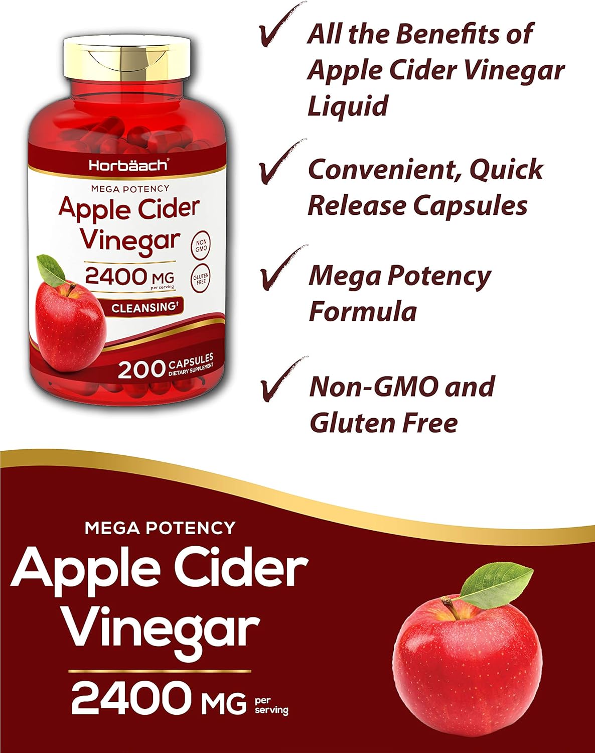 Apple Cider Vinegar Capsules | 2400mg | 200 Pills | Non-GMO, Gluten Free | by Horbaach: Health & Personal Care