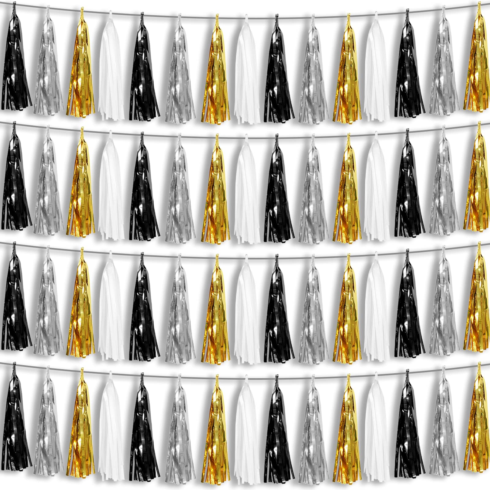 Photo 1 of 4P Black Gold Silver Foil Fringe Metallic Tassel Garland, Tassels Banner Streamers for Parade Floats, Bachelorette, Wedding, Birthday, Halloween, Christmas, Bridal/Baby Shower Party Decorations
