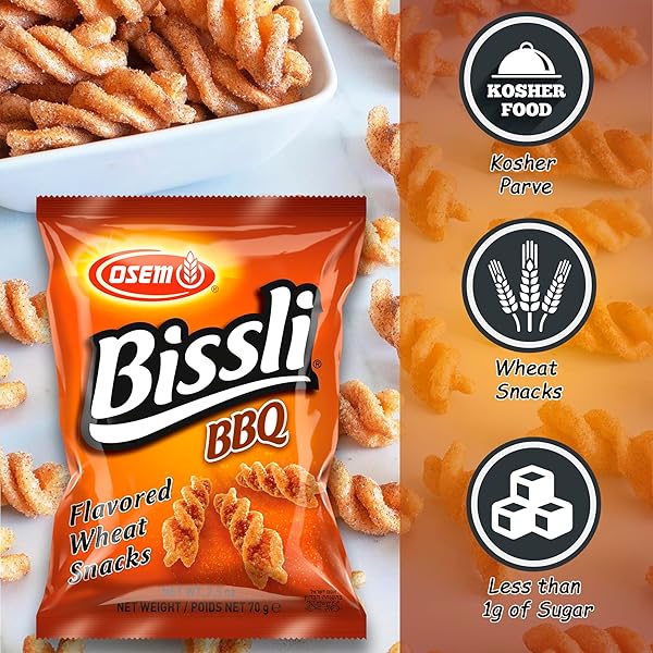 OSEM BISSLI BBQ FLAVORED CRUNCHY WHEAT SNACK -NO FOOD COLORING OR PRESERVATIVES, 2.5 OUNCE BAGS (PACK OF 12)