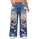 Floerns Women's Plus Size High Waist Distressed Jeans Straight Leg Casual Loose Denim Pants