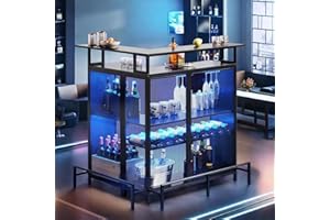 DWVO L-Shaped Home Bar Unit with LED Light APP Control, 4 Tier Tall Liquor Table with Wine Rack, Storage Shelves and Glasses Holder, Corner Mini Coffee Cabinet with Footrest for Kitchen Pub Black