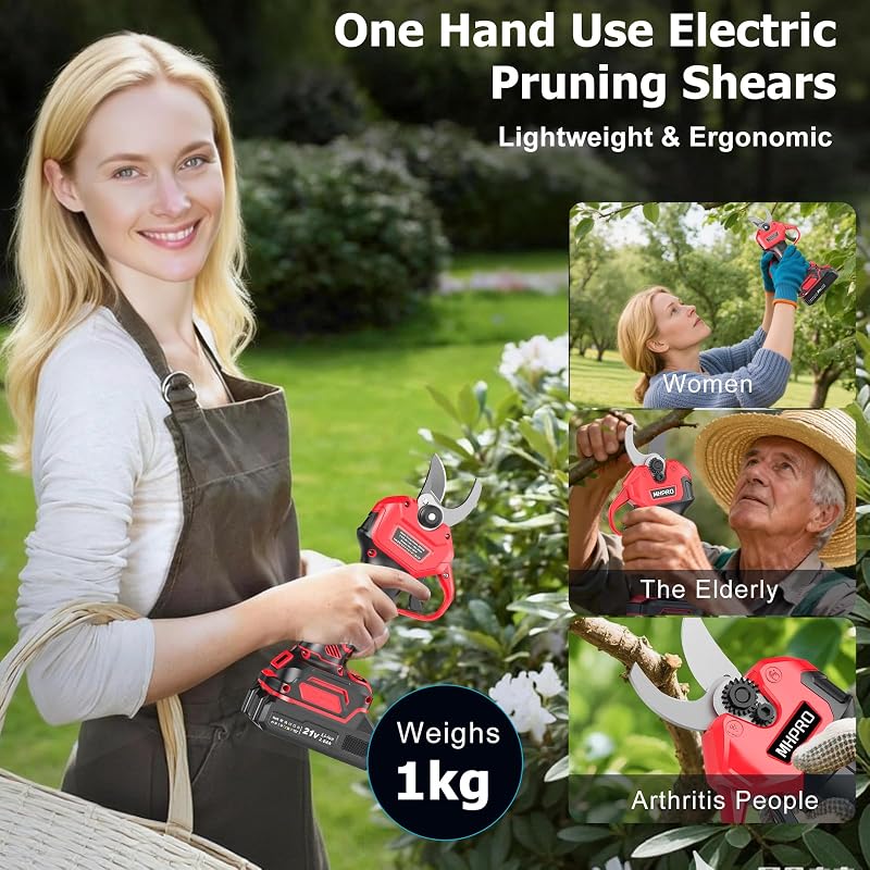 Forbici Potatura a Batteria Brushless, Forbice Elettrica per Potatura 600W Con 2×Batterie 21V 2000mAh, Schermo LCD, per Frutteti, Paesaggistica e Giardinaggio Professionale,Rosso