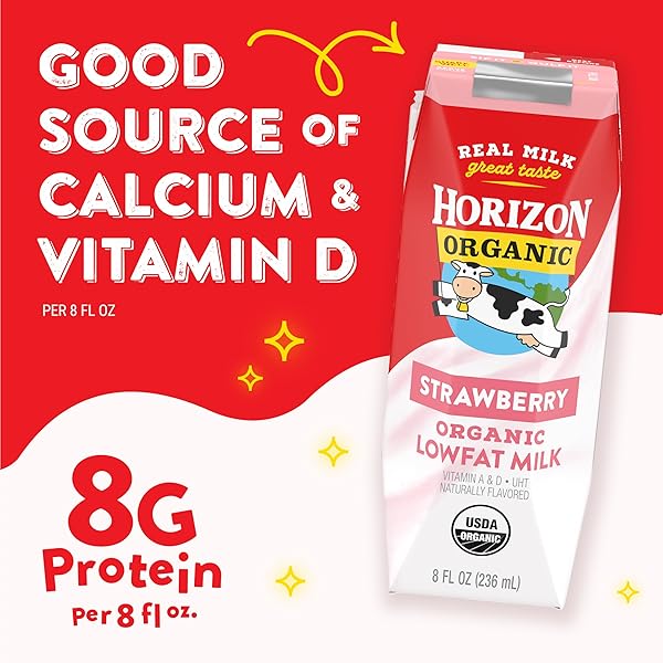 HORIZON ORGANIC SHELF STABLE 1% LOWFAT STRAWBERRY MILK BOXES, PACK OF 12 – 8G PROTEIN PER SERVING