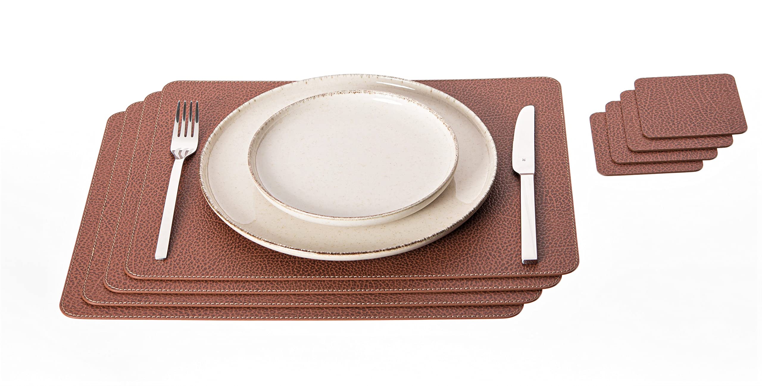 Nikalaz Set of Placemats and coasters, 4 table mats and 4 coasters, Place Mats, Recycled leather (Dirty Brown, 45.7 x 33.02 cm)