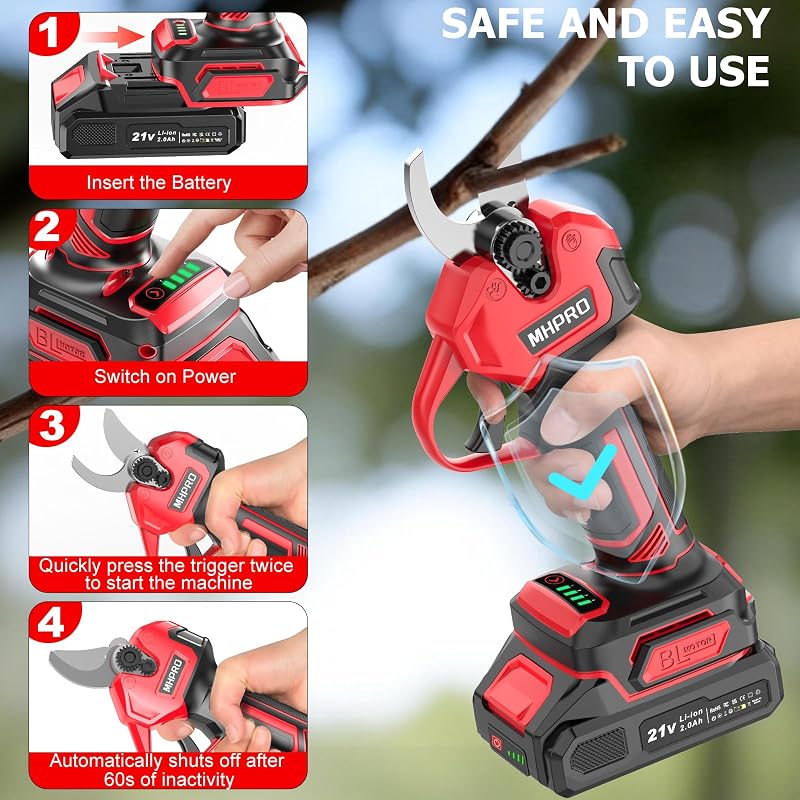 Sécateur Électrique Sans fil, MHPRO 30mm Secateur Electrique avec 2 Batteries de 2000mAh et Écran LCD, Secateur a Batterie Moteur Sans Balais Pour la Taille, Le Jardinage, Les Arbres Fruitiers.
