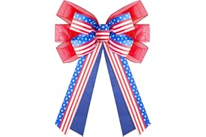 Minetom 4th of July Bows for Wreath, 16'' x 24'' Patriotic Wreath Bows Red Blue Burlap Bows American Flag Stars Bows Independence Day Tree Topper Bows for Front Door Memorial Day Decoration Supplies